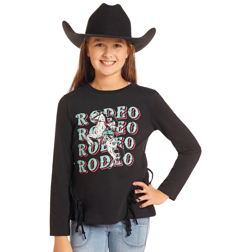 Rock & Roll  Girl's Long Sleeve Graphic Shirt with Fringe - Black