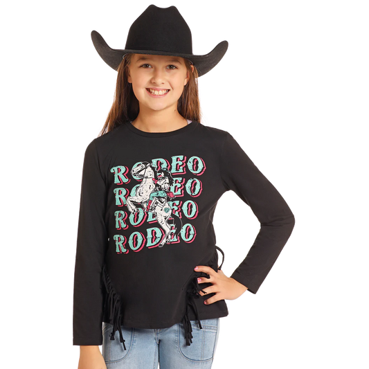 Rock & Roll  Girl's Long Sleeve Graphic Shirt with Fringe - Black