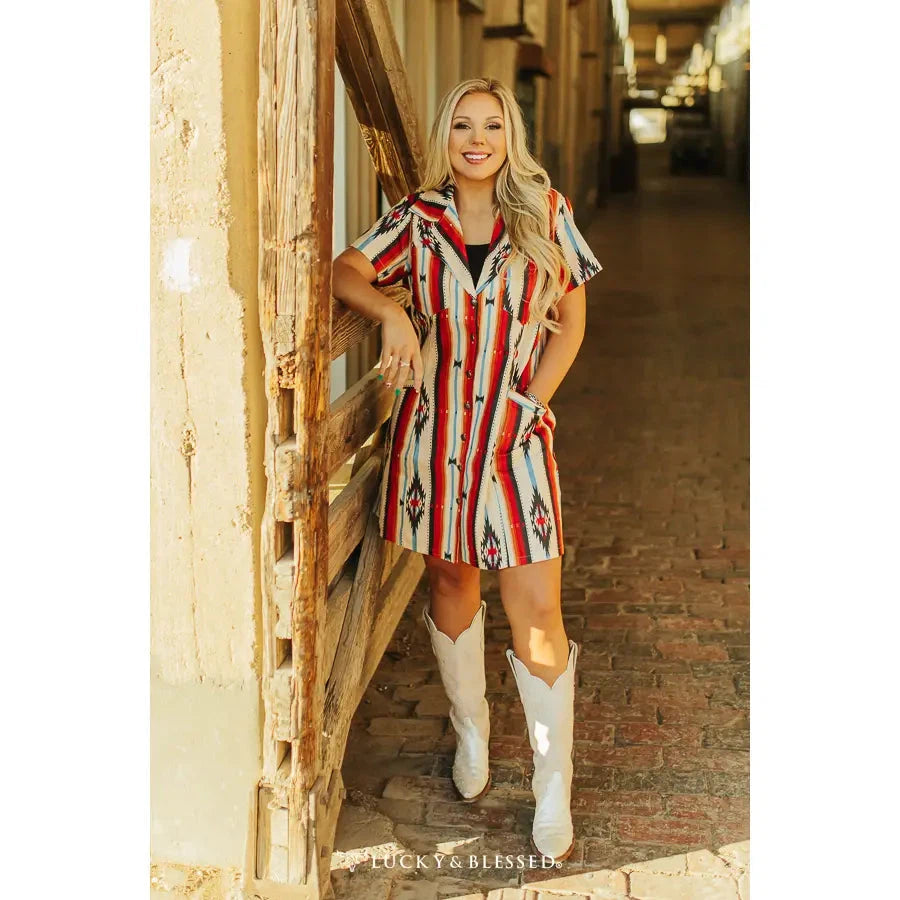 Lucky & Blessed Women's Aztec Concho Button Down Dress w/Western Yokes - Multi