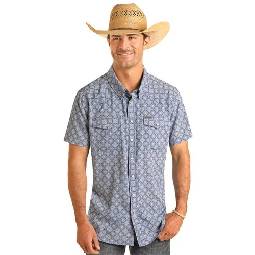 Rock & Roll Men's 2 Pocket Short Sleeve Medallion Snap Shirt - Blue