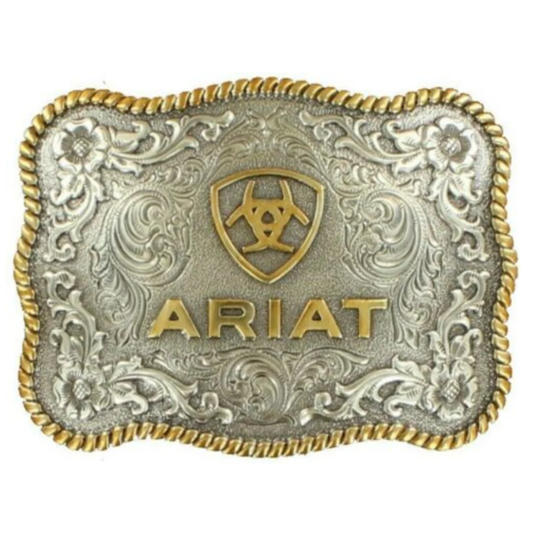 Ariat Buckle Rectangle with Gold Rope Edging Floral Filigree Center and Gold Shield Logo - Irvine Tack & Western Wear