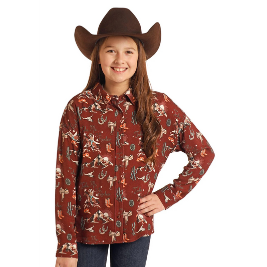 Rock & Roll Girl's Long Sleeve Retro Conversational Overshirt - Brown