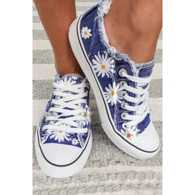 Dear Lover Sky Blue Frayed Denim Daisy Print Lace-up Shoes