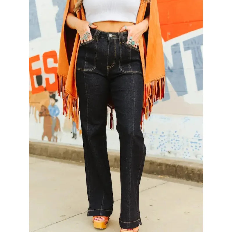 Lucky & Blessed Women's Mid Rise Square Pocket Trouser Jeans- Dark Wash