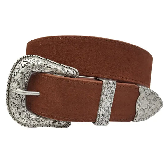 Axesoria West Genuine Suede Belt With Western Buckle- Brown