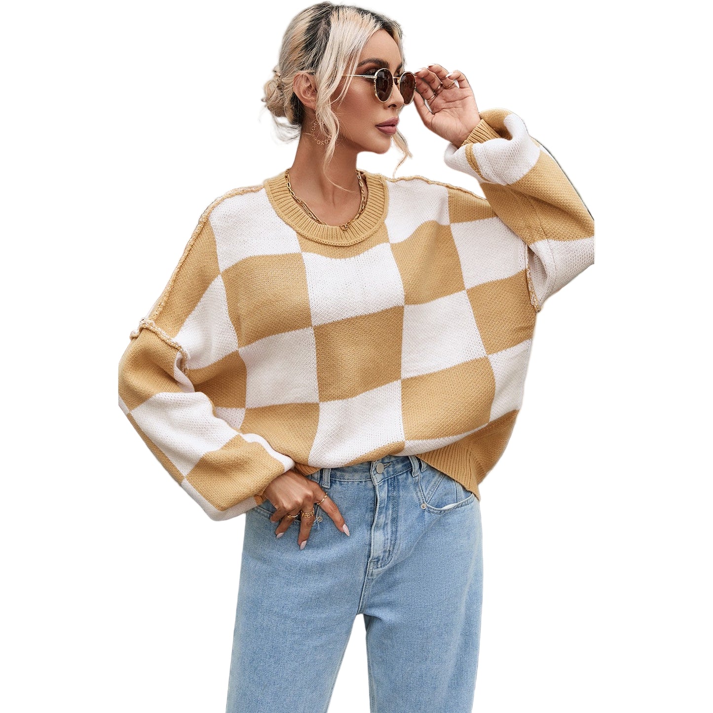 Dear Lover Women's Checkered Bishop Sleeve Sweater - Khaki