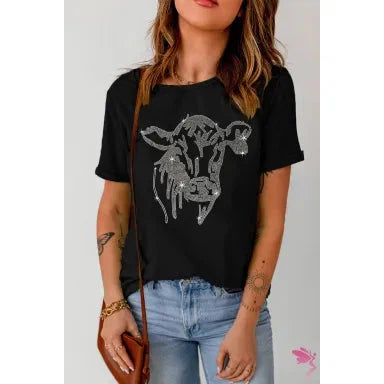 Dear Lover Women's Black Rhinestone Steer Head Graphic Fashion T Shirt