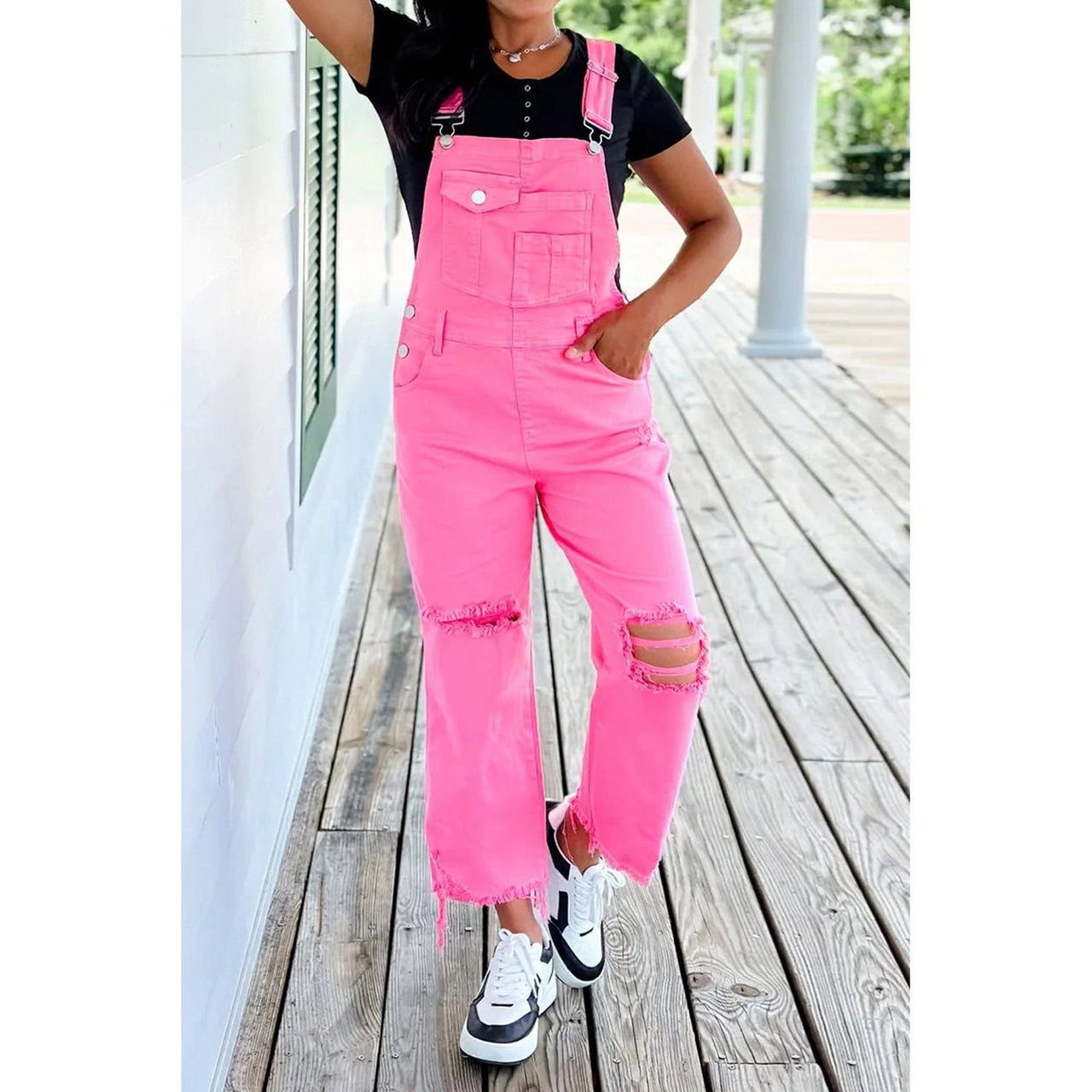 Dear Lover Women's Pirouetter Pocketed Wide Leg Distressed Denim Overalls - Bonbon Pink