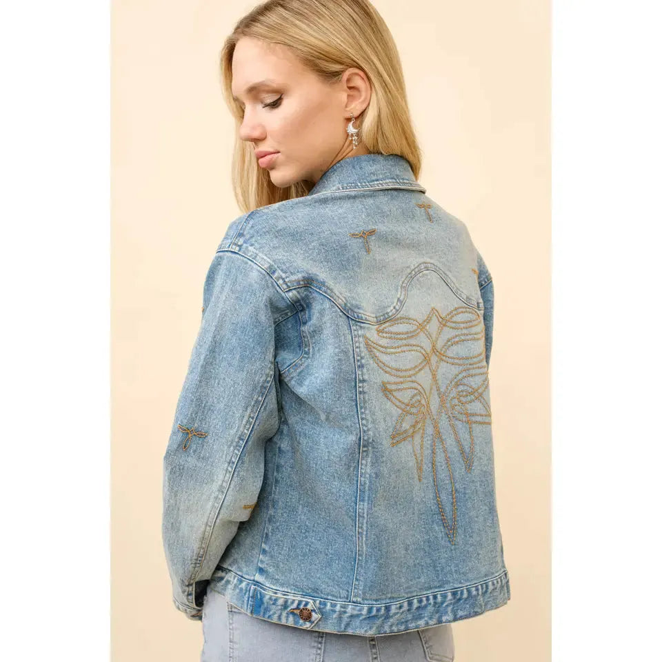Blue B Boot Stitch Denim Trucker Jacket- Medium Wash