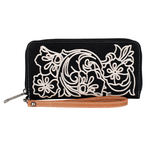 Justin Wristlet Wallet w/Floral Embroidery - Black