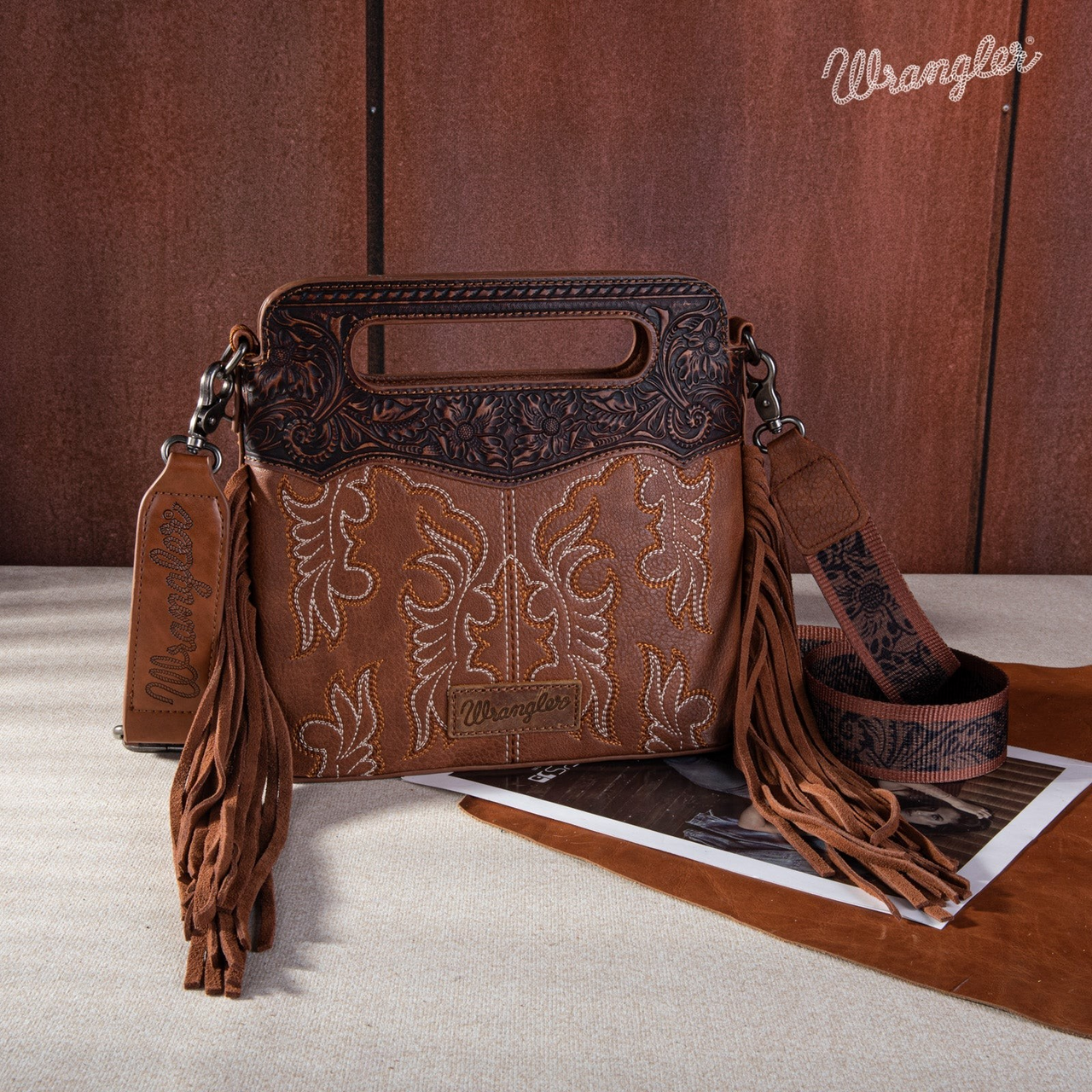 Wrangler Top Handle  Mini Leather Embroidered Fringe Purse - Assorted Colours