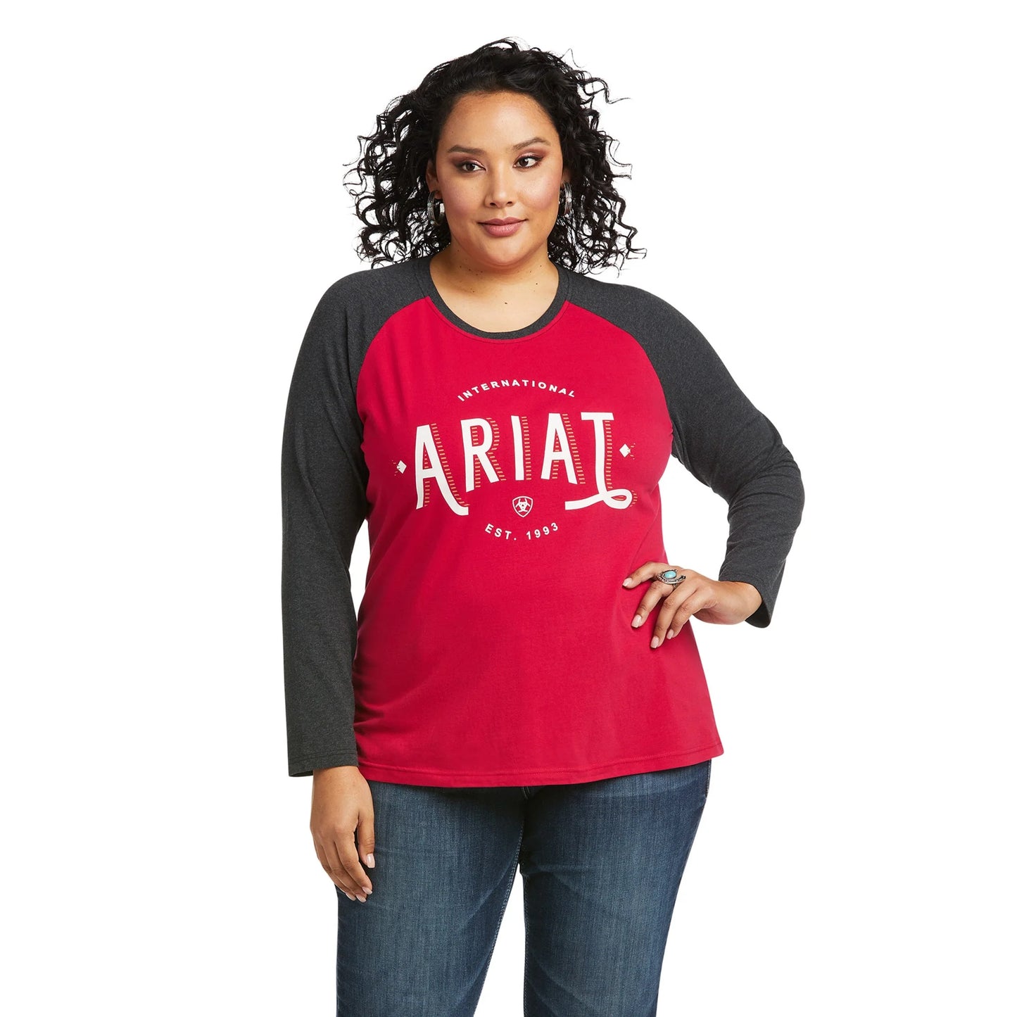 Ariat Womens Loop Tee BSBL T-Shirt PRS Red/Heather Charcoal