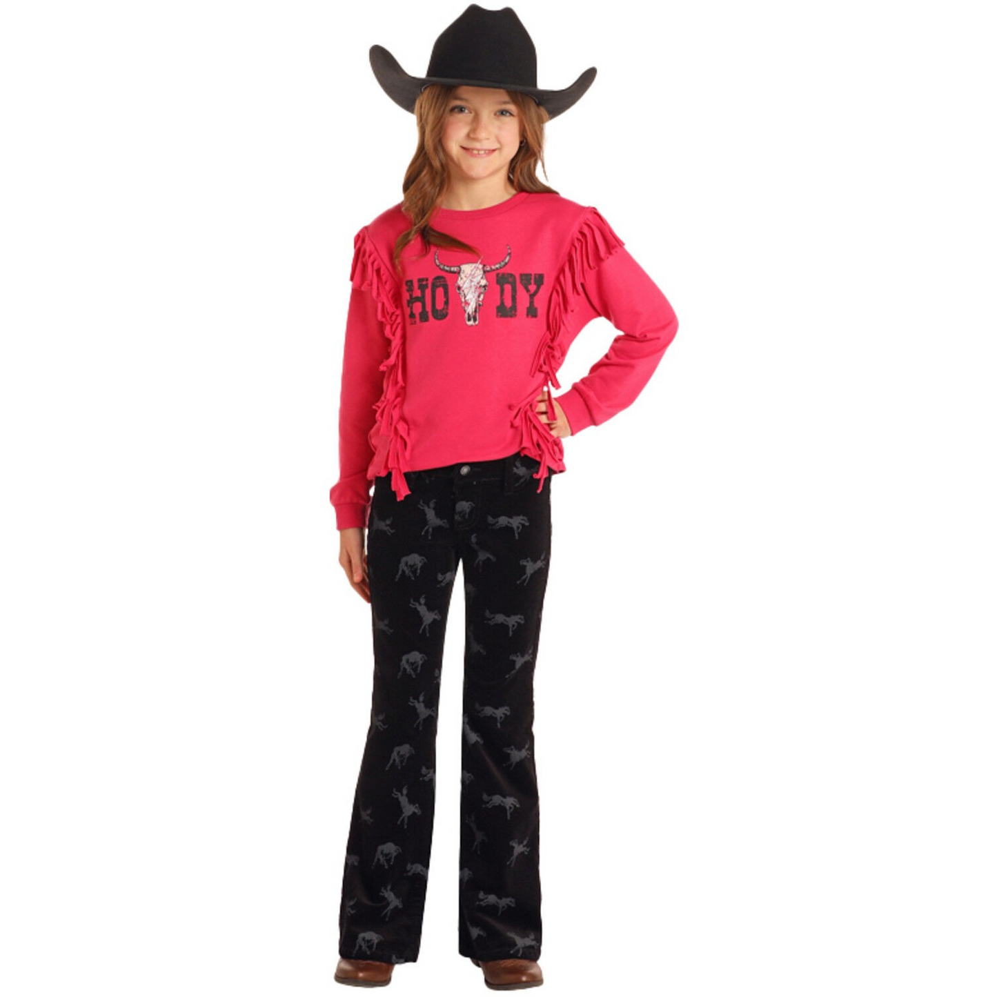Rock & Roll Girl's Horse Print Corduroy Flare Pant - Black