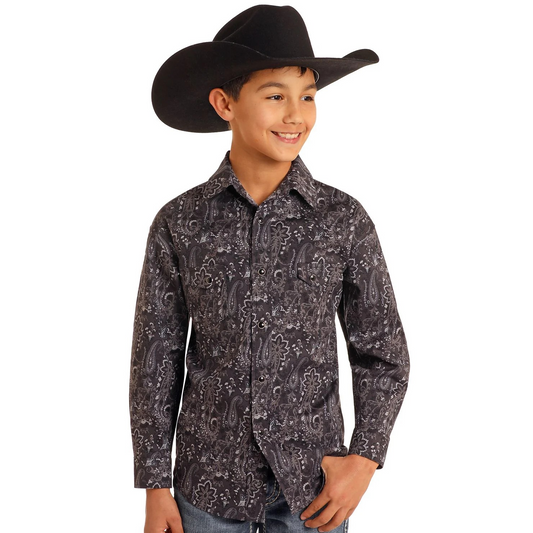 Rock & Roll Boy's Paisley Printed Long Sleeve Shirt - Black