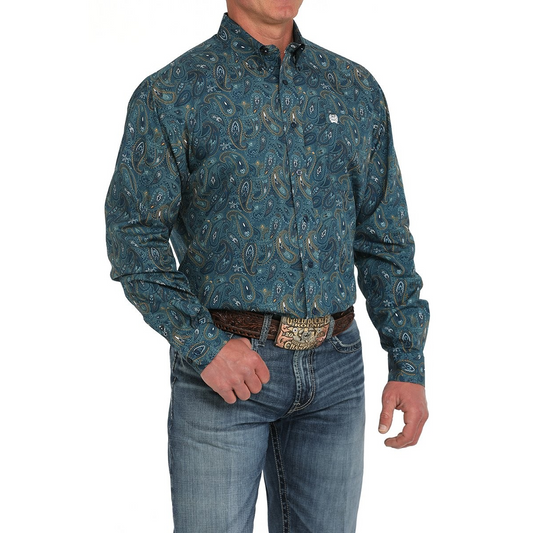 Cinch Men's Long Sleeve Paisley Print Shirt- Blue