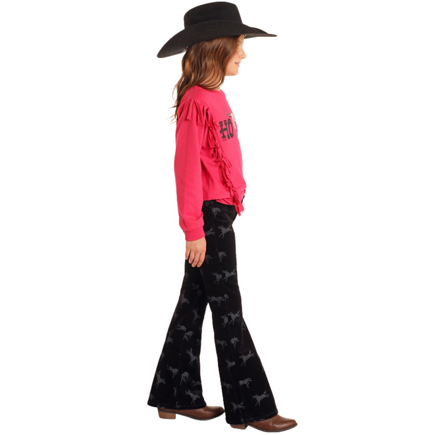 Rock & Roll Girl's Horse Print Corduroy Flare Pant - Black