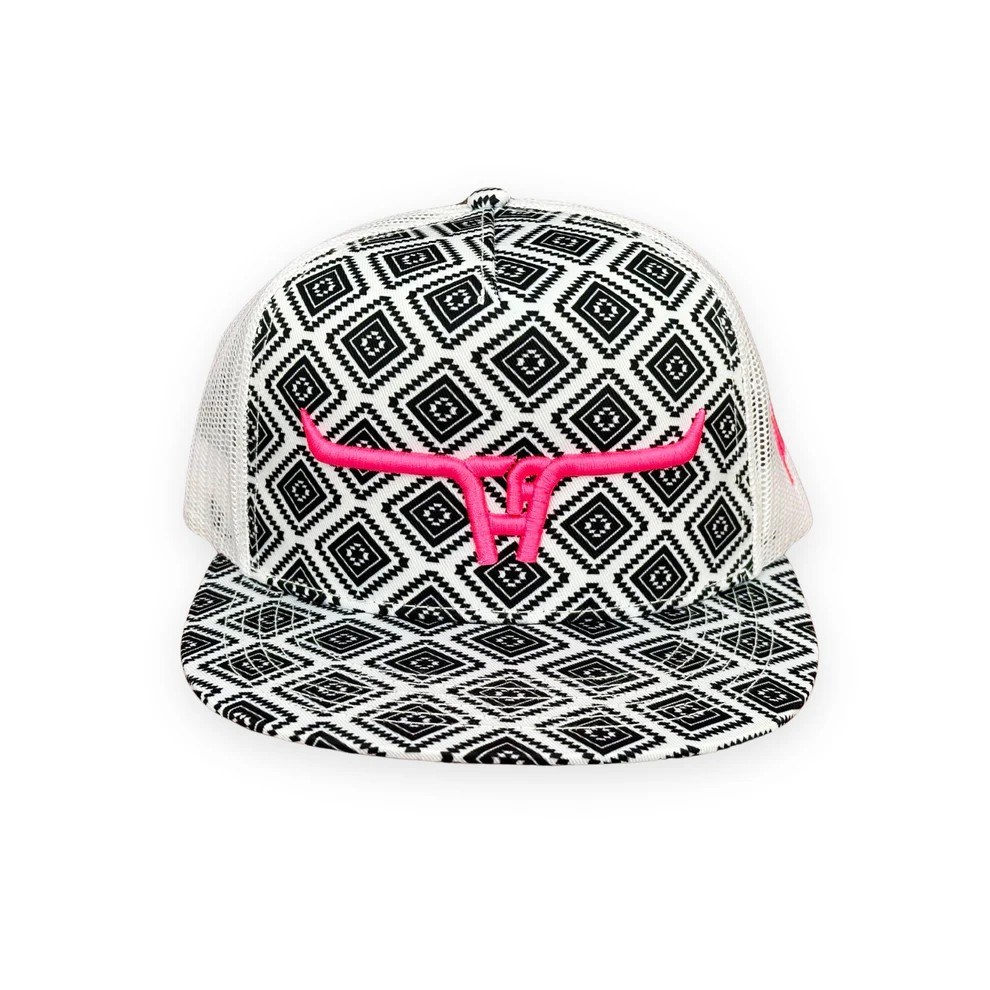 Cactus Alley Pink Longhorn Mesh Snapback Cap - Black Aztec