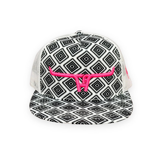 Cactus Alley Pink Longhorn Mesh Snapback Cap - Black Aztec
