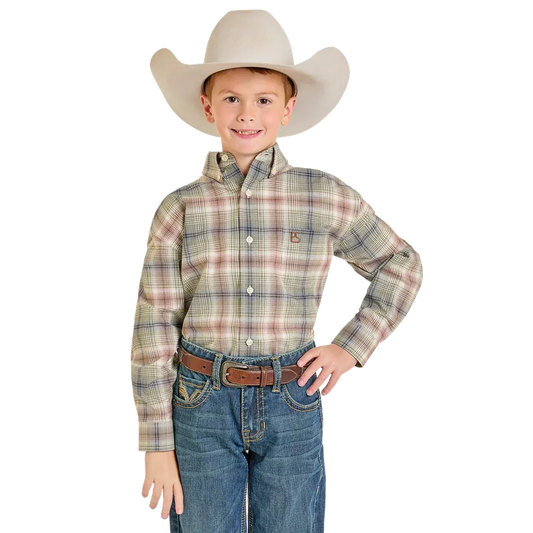 Panhandle Boy's Long Sleeve Slim Button Down Shirt- Taupe / Green Ombre