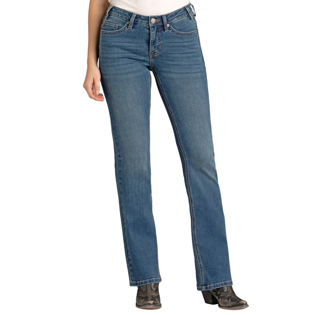 Rock & Roll Women's Boot Stitch Embroidered High Rise Boot Cut Jeans - Medium Wash