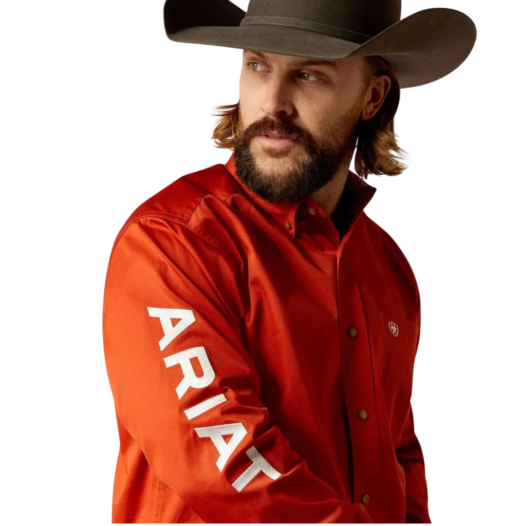 Ariat Men's Team Logo Twill Long Sleeve Classic Fit Shirt - Dark Orange/White