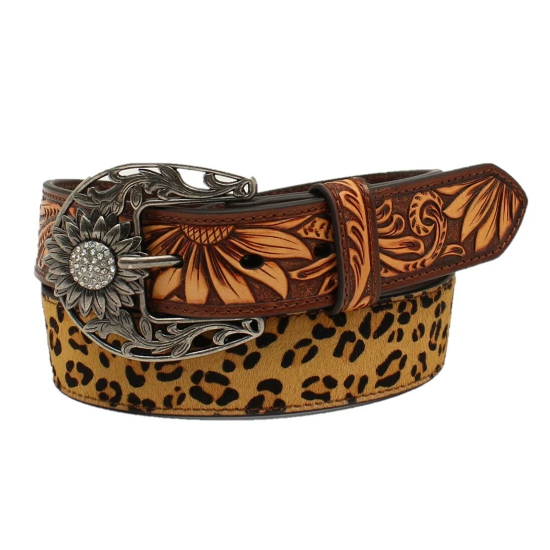 **Angel Ranch Women's Leopard Sunflower Tooled Belt - Brown