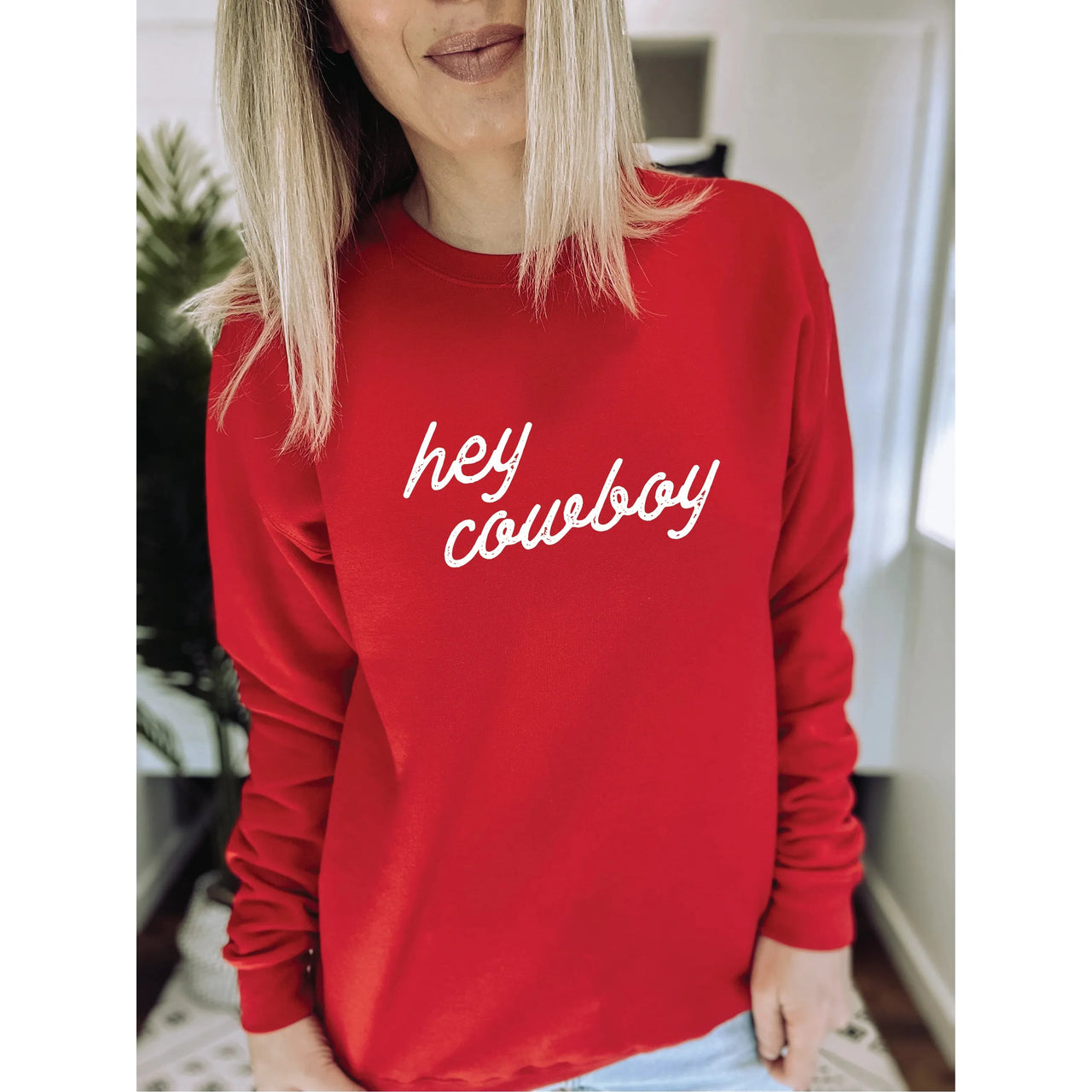 Blonde Ambition Long Sleeve Hey Cowboy Sweater- Red