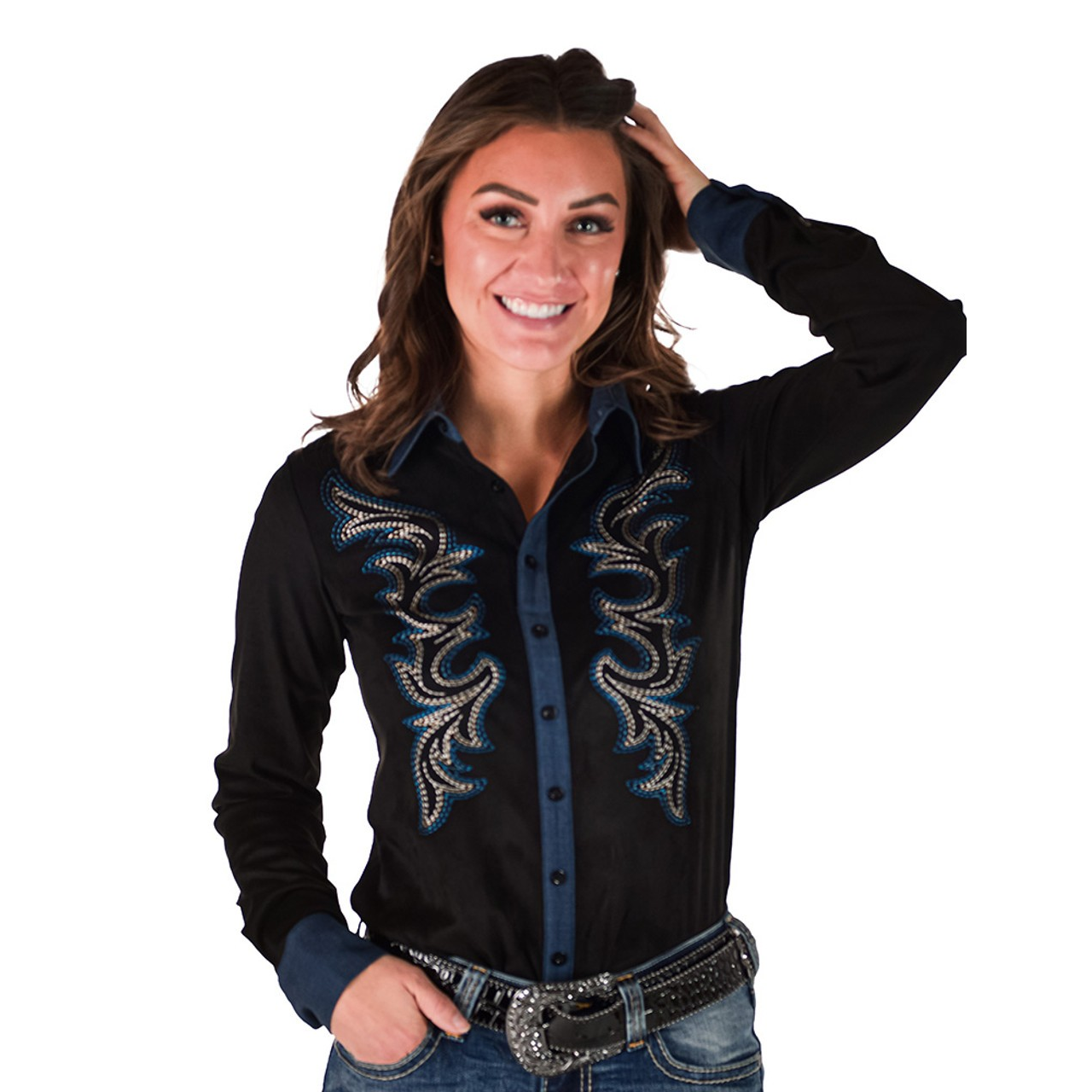 Cowgirl Tuff  Button Up Embroidered Long Sleeve Shirt- Black