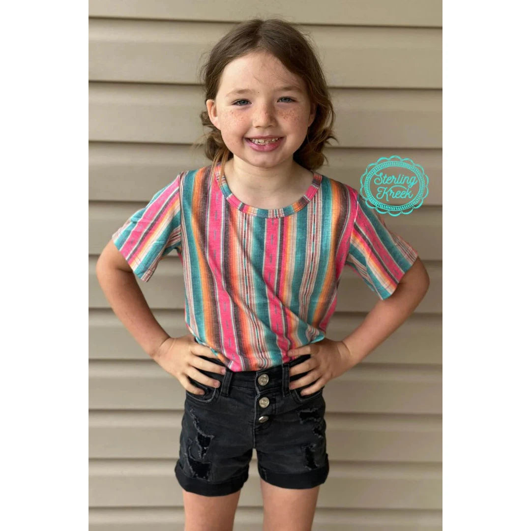 Sterling Kreek Girl's Mini Serape Summer T-Shirt - Pink & Turquoise