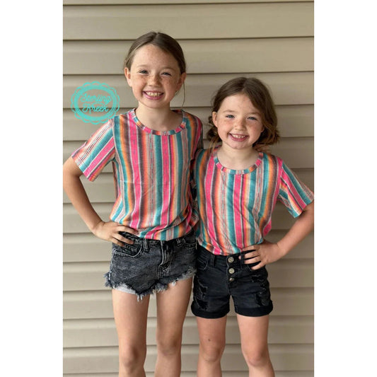 Sterling Kreek Girl's Mini Serape Summer T-Shirt - Pink & Turquoise