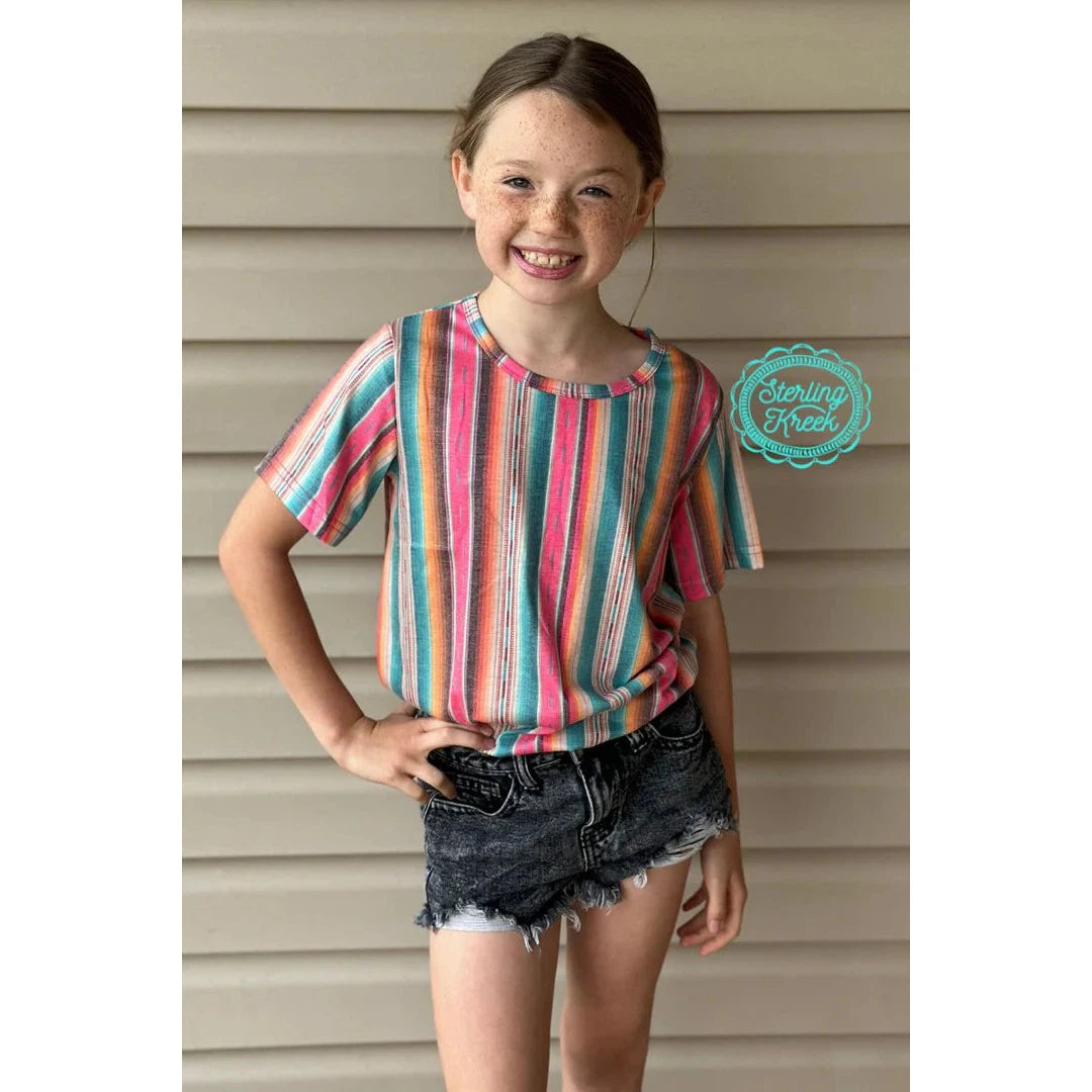 Sterling Kreek Girl's Mini Serape Summer T-Shirt - Pink & Turquoise