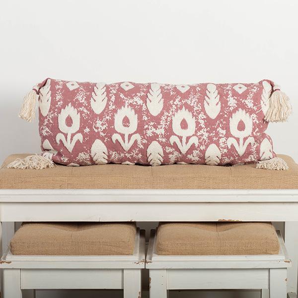 Cushion Cover with Tassels - Pink with White Flowers