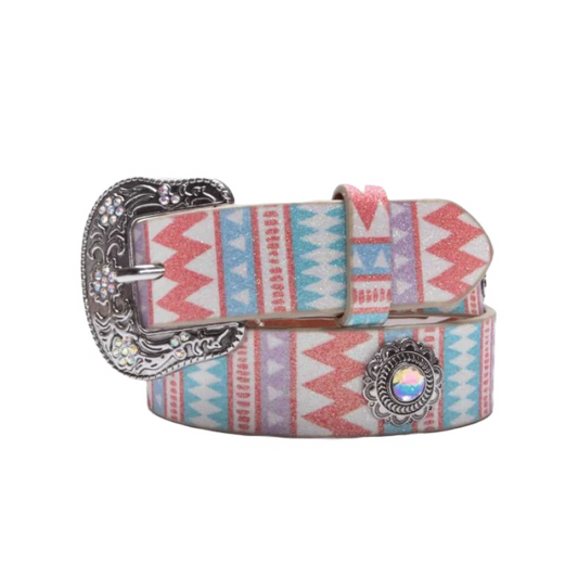 Angel Ranch Girl's Glitter Rhinestone Concho Belt - Pastel Ivory/Pink/Turquoise
