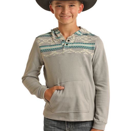 Rock & Roll Boy's Border Print Hoodie - Light Grey
