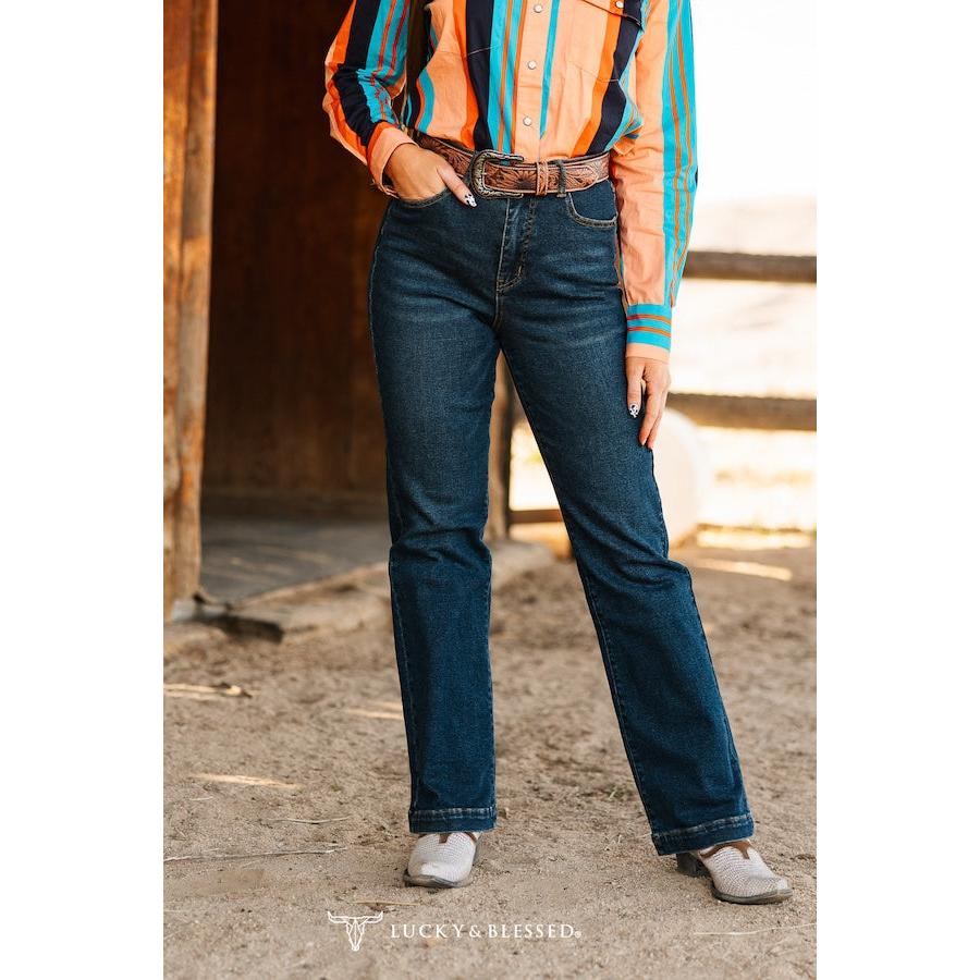 Lucky & Blessed Women's Mid Rise Classic Trouser Jean -Dark Wash