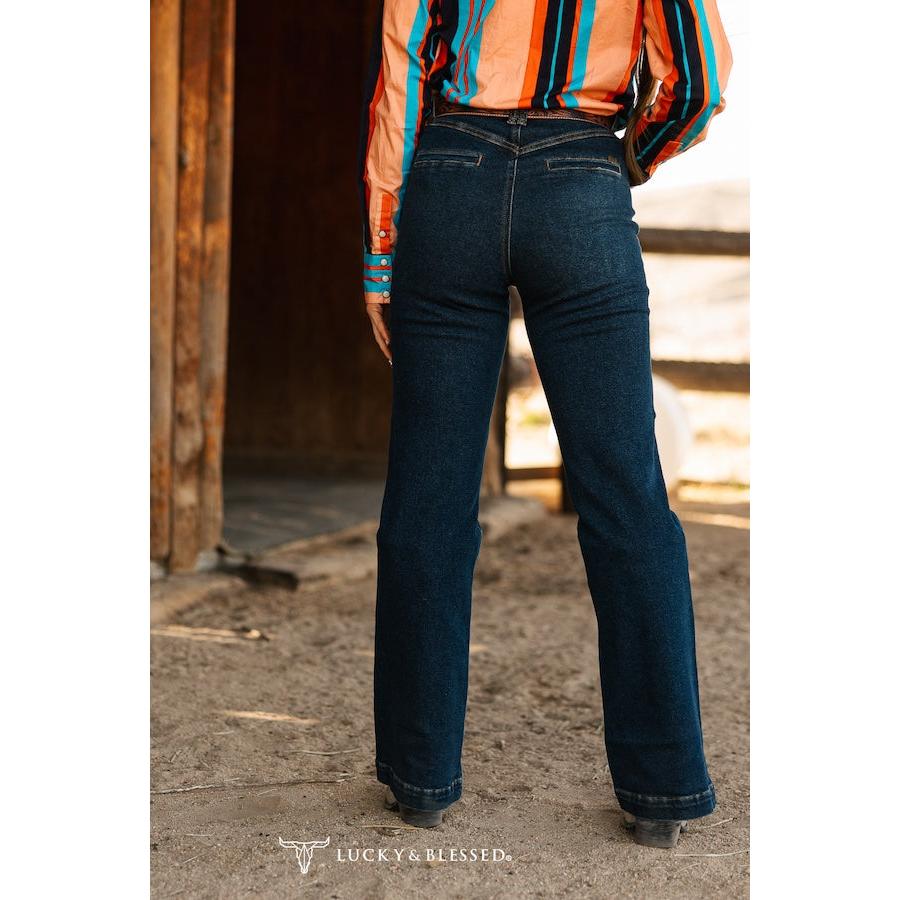 Lucky & Blessed Women's Mid Rise Classic Trouser Jean -Dark Wash