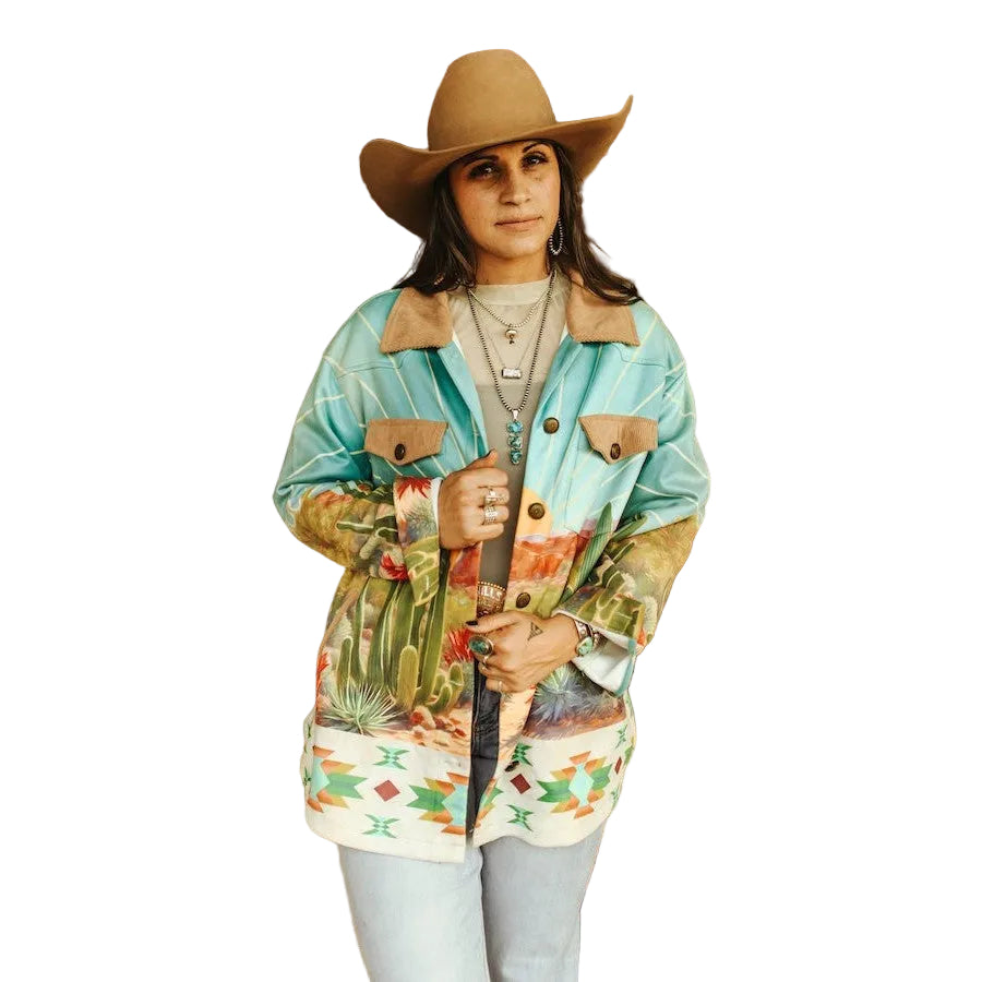 Lucky &amp; Blessed Sunset Cactus Desert Aztec Scene Printed Long Sleeve Shacket