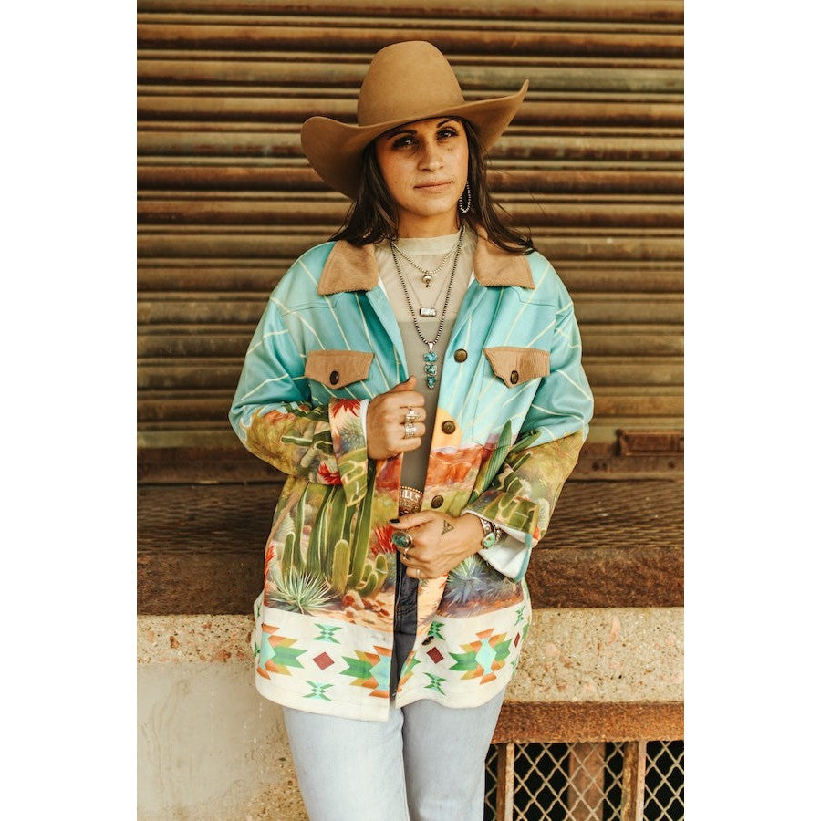 Lucky & Blessed Sunset Cactus Desert Aztec Scene Printed Long Sleeve Shacket