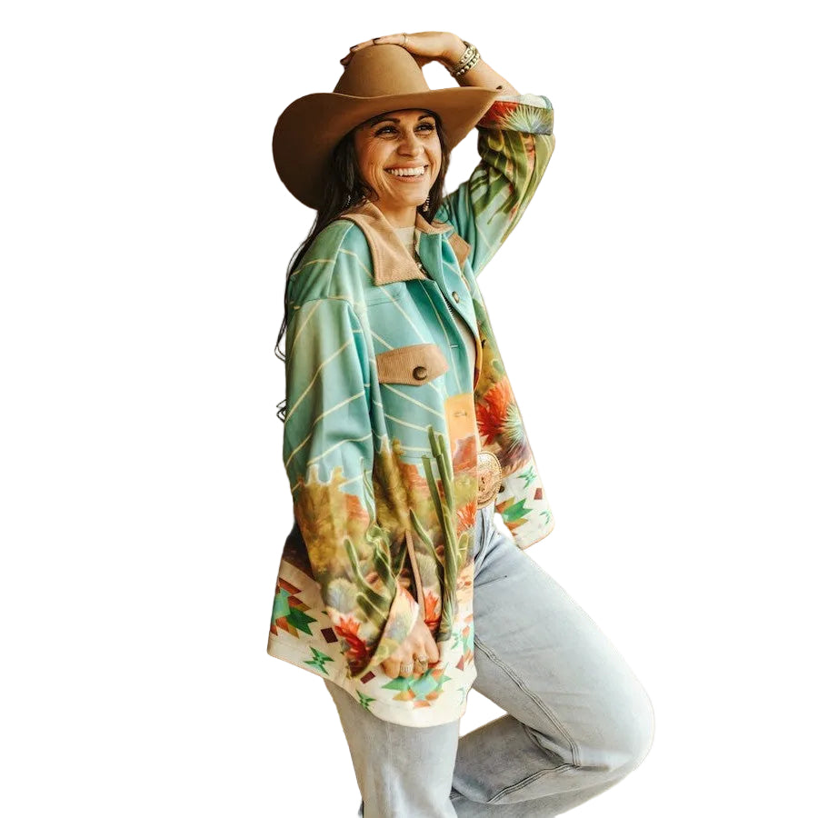 Lucky &amp; Blessed Sunset Cactus Desert Aztec Scene Printed Long Sleeve Shacket