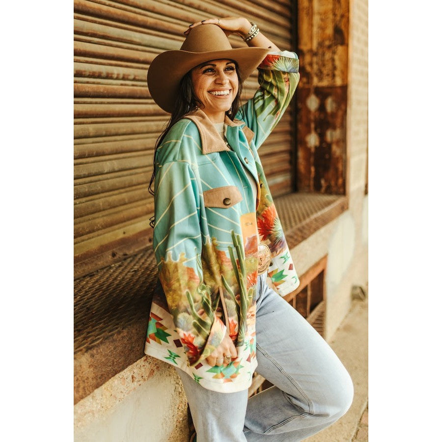 Lucky & Blessed Sunset Cactus Desert Aztec Scene Printed Long Sleeve Shacket