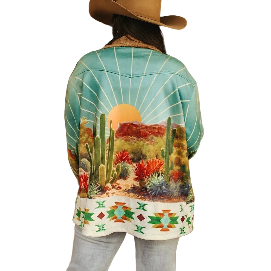 Lucky &amp; Blessed Sunset Cactus Desert Aztec Scene Printed Long Sleeve Shacket