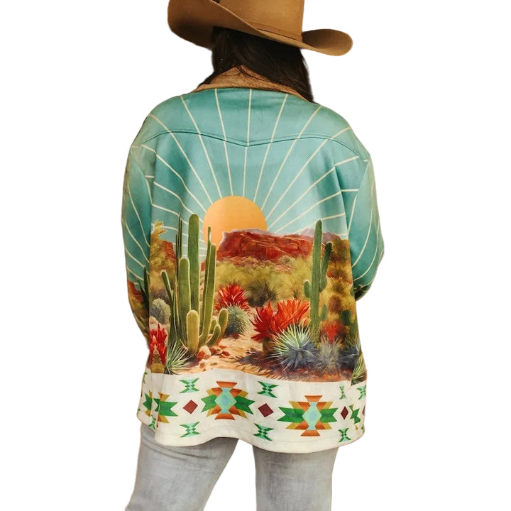Lucky &amp; Blessed Sunset Cactus Desert Aztec Scene Printed Long Sleeve Shacket