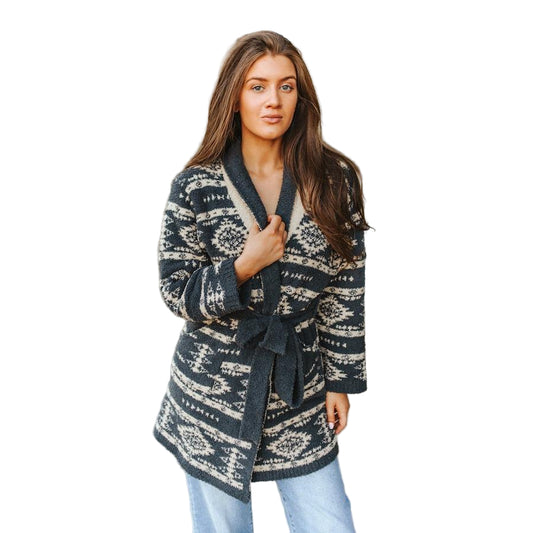 Lucky & Blessed Women's Aztec Printed Long Sleeve Cardigan- Charcoal Grey