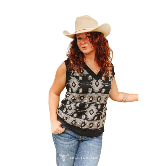 Lucky & Blessed Women's Aztec Knit V Neck Sleeveless Sweater Top- Black