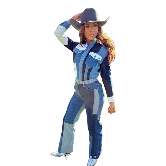 Lucky & Blessed Women's Long Sleeve Denim Patchwork Button down Shacket - Blue