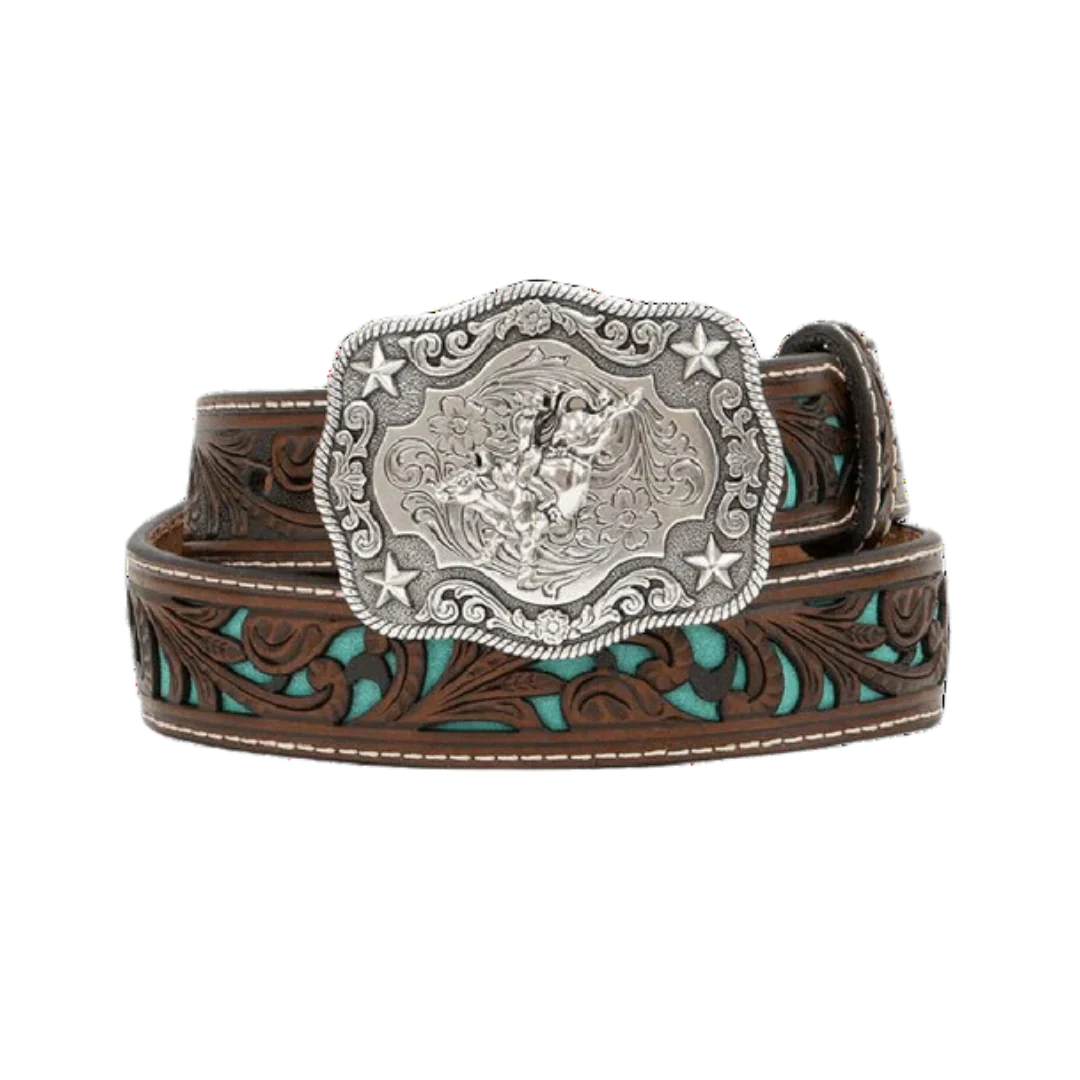Nocona Boy's Floral w/Underlay Leather Belt - Turquoise Glitter