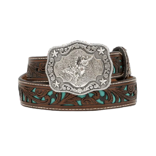 Nocona Boy's Floral w/Underlay Leather Belt - Turquoise Glitter