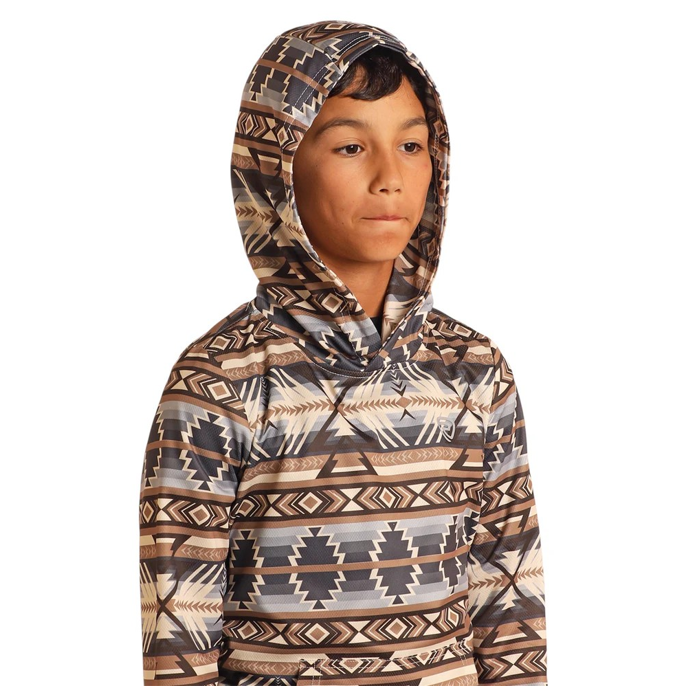 Rock & Roll Boy's Performance Printed Hoodie- Brown