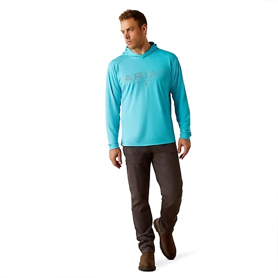 Ariat Men's Rebar Long Sleeve Sunblocker Hooded Tee Shirt- Blue Atoll