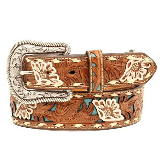 Nocona Ladies Floral Embossed Painted Overlay Belt - Tan/Turquoise/White
